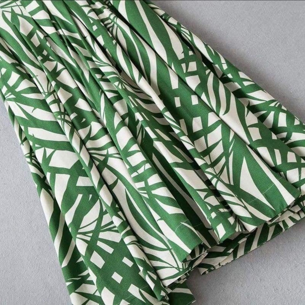 Kate Spade Palm Fronds Amelia Sz 12 Skater Dress Green Sleeveless V-Neck Pleated - Picture 7 of 11